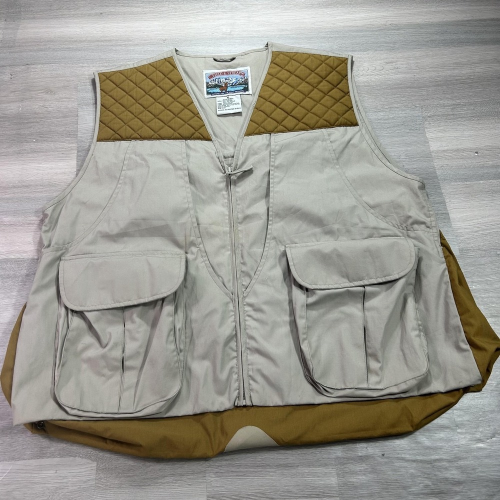 Field & Stream Vest Mens XL Beige Quilted Game Bag Hunting Canvas Zip‎ Outdoor